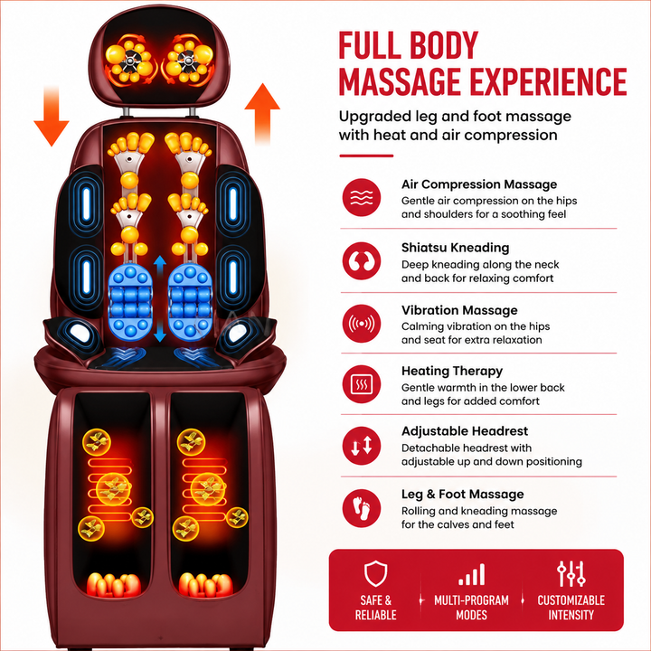 Premium Electric Full Body Massage Chair Infrared Heating Shiatsu Deep Kneading Vibration Neck Back Waist Leg Adjustable Relaxation Massage Seat