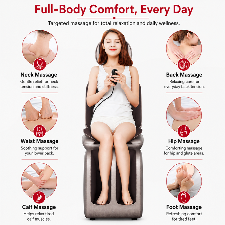 Premium Electric Full Body Massage Chair Infrared Heating Shiatsu Kneading Vibration Neck Back Waist Leg Relaxation Adjustable Ergonomic Chair