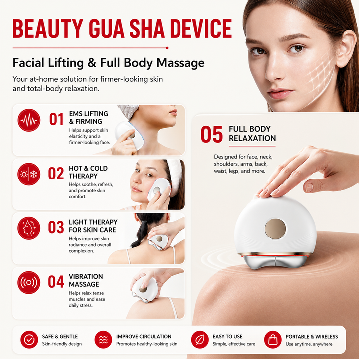 Premium Electric Gua Sha Facial Massager EMS Hot Cold LED Light Therapy Face Lifting Skin Sculpting Device USB-C Rechargeable Home Use Portable Glows