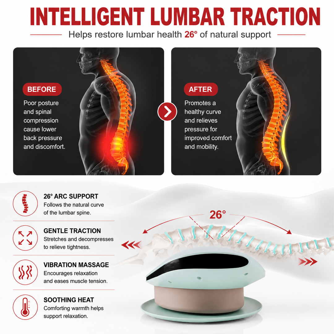 Premium Electric Lumbar Traction Device Lower Back Support Massager Vibration Thermal Therapy Adjustable Heat Modes Portable Remote Control