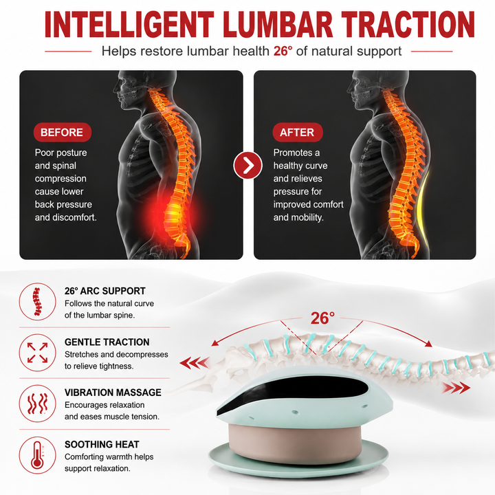 Premium Electric Lumbar Traction Device Lower Back Support Massager Vibration Thermal Therapy Adjustable Heat Modes Portable Remote Control