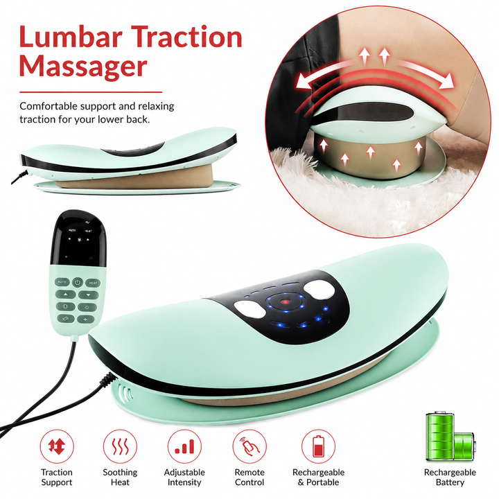Premium Electric Lumbar Traction Device Lower Back Support Massager Vibration Thermal Therapy Adjustable Heat Modes Portable Remote Control