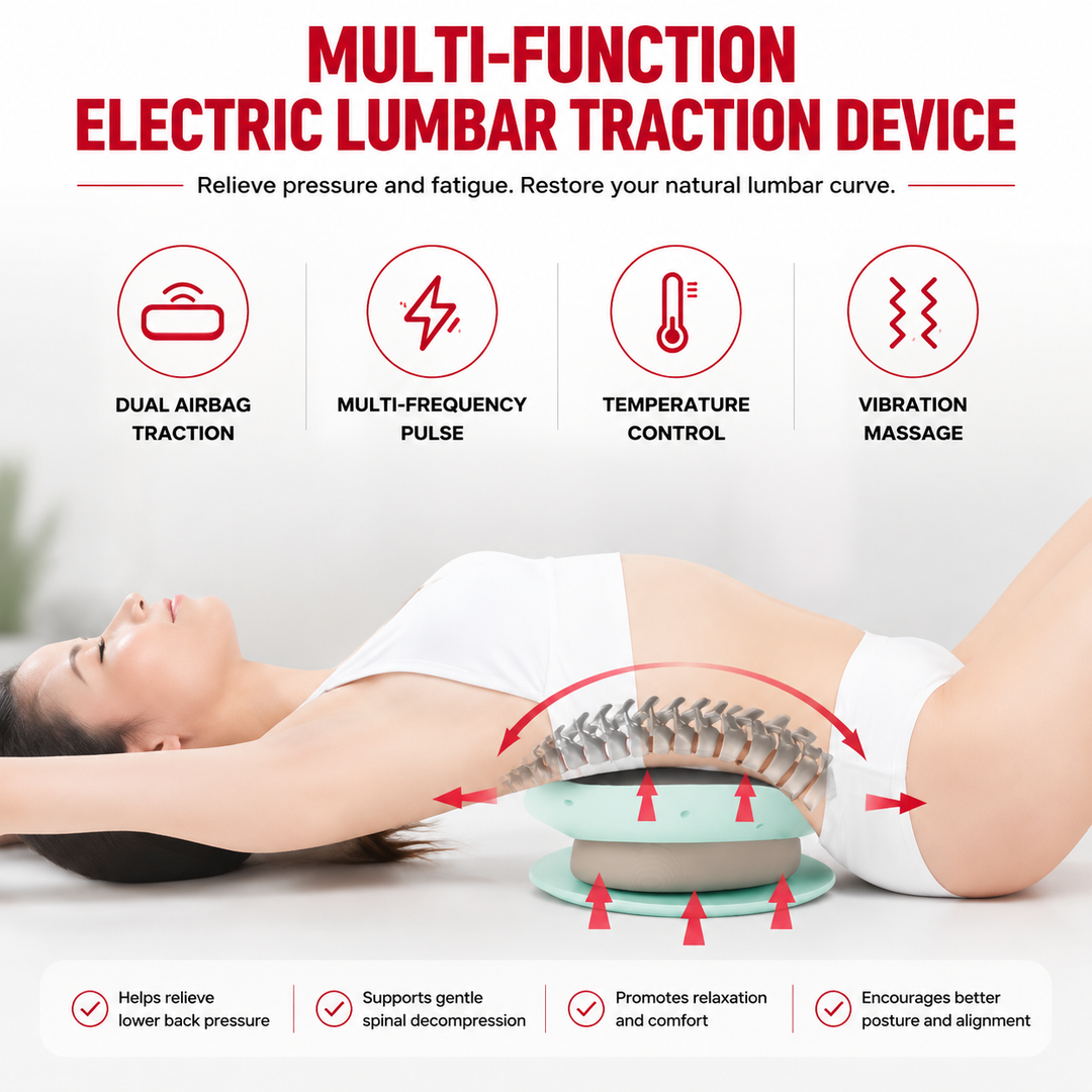 Premium Electric Lumbar Traction Device Lower Back Support Massager Vibration Thermal Therapy Adjustable Heat Modes Portable Remote Control