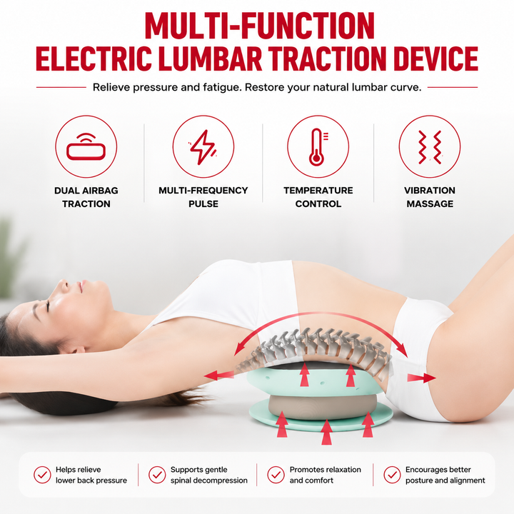 Premium Electric Lumbar Traction Device Lower Back Support Massager Vibration Thermal Therapy Adjustable Heat Modes Portable Remote Control