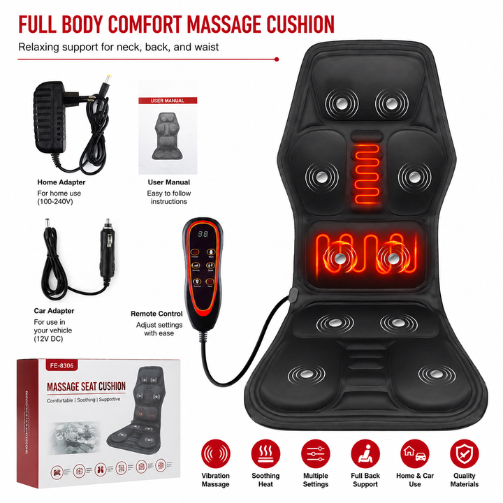 Premium Electric Massage Chair Cushion Heating Vibration Seat Massager 5-9 Zone Adjustable Intensity Back Pain Relief Portable Home Car Office Use