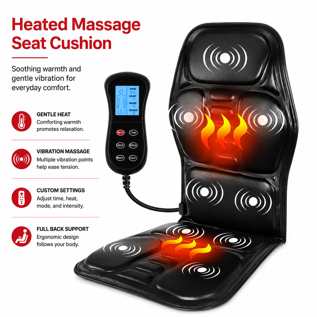 Premium Electric Massage Chair Cushion Heating Vibration Seat Massager 5-9 Zone Adjustable Intensity Back Pain Relief Portable Home Car Office Use