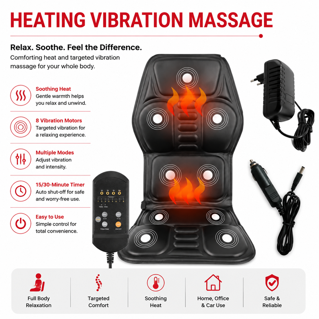 Premium Electric Massage Chair Cushion Heating Vibration Seat Massager 5-9 Zone Adjustable Intensity Back Pain Relief Portable Home Car Office Use