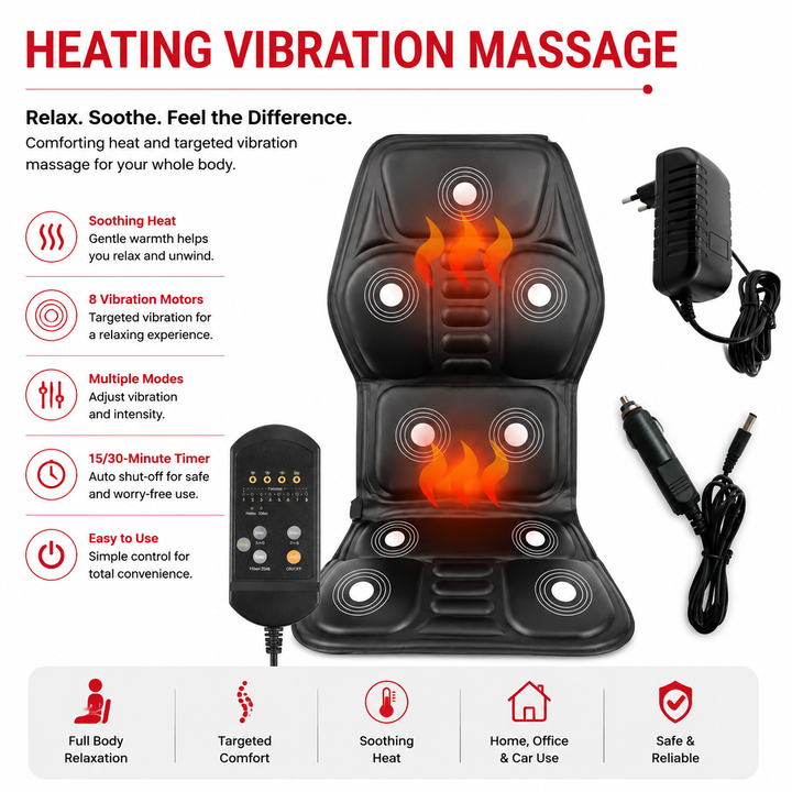Premium Electric Massage Chair Cushion Heating Vibration Seat Massager 5-9 Zone Adjustable Intensity Back Pain Relief Portable Home Car Office Use