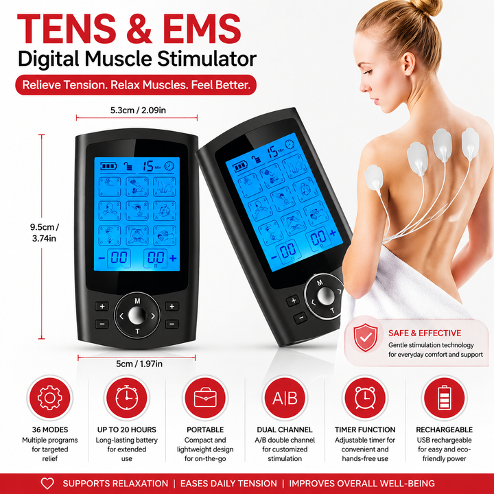 Premium Electric Muscle Massager TENS EMS Device 24 Modes Rechargeable Full Body Massager Adjustable Intensity Portable for Gym Work Daily Use Comfort
