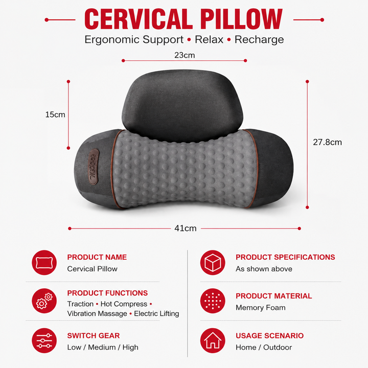 Premium Electric Neck Massager Pillow Ergonomic Neck Support Cushion Heat Vibration USB Rechargeable Memory Foam Neck Shoulder Relaxation Comfort