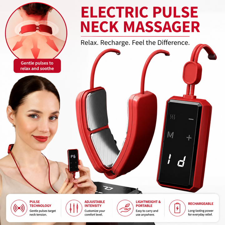 Premium Electric Neck Massager TENS EMS Pulse Device Heat Therapy 6 Modes 19 Levels Rechargeable Portable Neck Support for Home Work Travel Daily Use