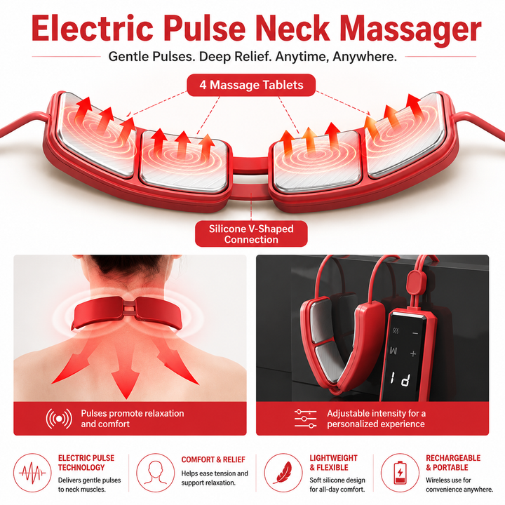 Premium Electric Neck Massager TENS EMS Pulse Device Heat Therapy 6 Modes 19 Levels Rechargeable Portable Neck Support for Home Work Travel Daily Use