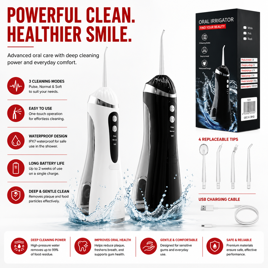 Premium Electric Oral Irrigator USB Rechargeable Water Flosser Waterproof Dental Cleaner 3 Modes 4 Nozzles Portable Teeth Gum Cleaning Device
