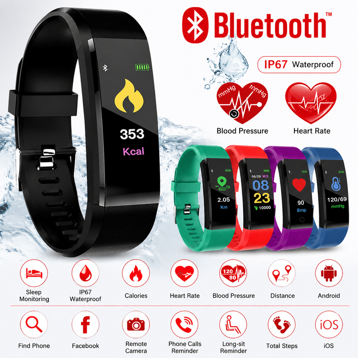 Premium Fitness Tracker Smart Band Activity Tracker Heart Rate Monitor Bluetooth IPX7 Waterproof Sleep Tracker Call SMS Alerts Smart Watch Fitness Band