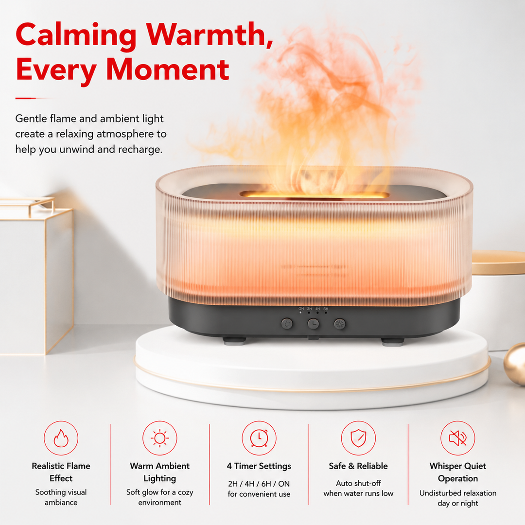 Premium Flame Effect Essential Oil Diffuser 300ml Ultrasonic Aroma Diffuser LED Flame Light Mist Humidifier 12H Runtime USB Powered Aromatherapy Air Humidifier