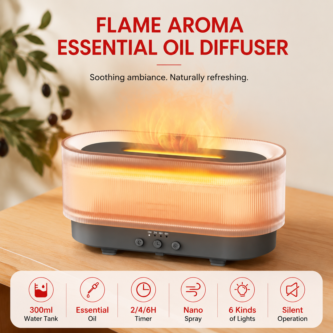 Premium Flame Effect Essential Oil Diffuser 300ml Ultrasonic Aroma Diffuser LED Flame Light Mist Humidifier 12H Runtime USB Powered Aromatherapy Air Humidifier
