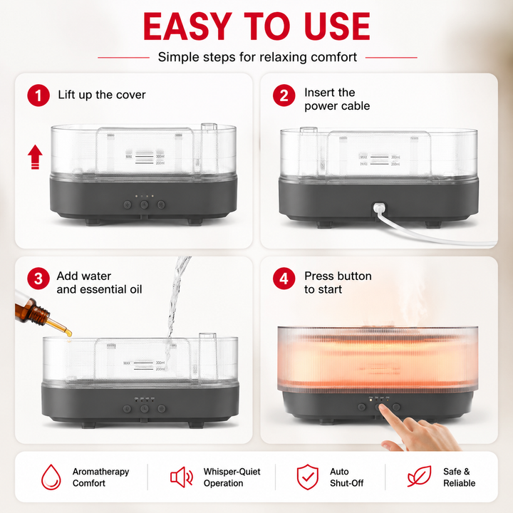 Premium Flame Effect Essential Oil Diffuser 300ml Ultrasonic Aroma Diffuser LED Flame Light Mist Humidifier 12H Runtime USB Powered Aromatherapy Air Humidifier