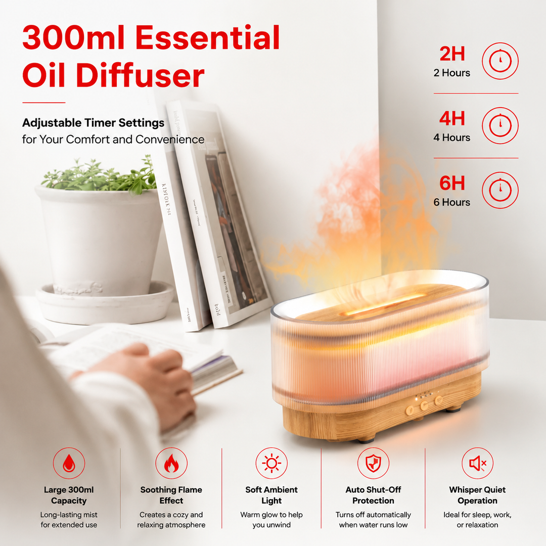 Premium Flame Effect Essential Oil Diffuser 300ml Ultrasonic Aroma Diffuser LED Flame Light Mist Humidifier 12H Runtime USB Powered Aromatherapy Air Humidifier