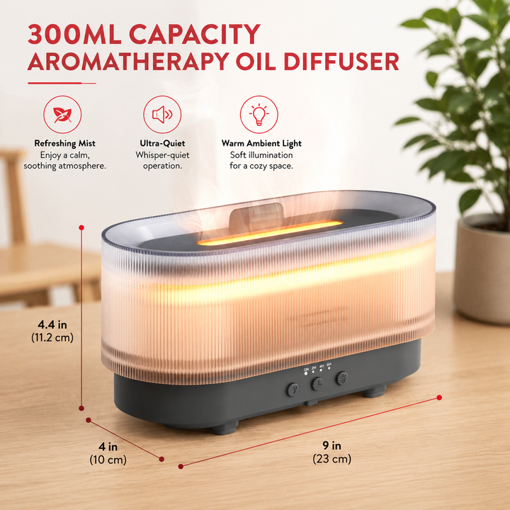 Premium Flame Effect Essential Oil Diffuser 300ml Ultrasonic Aroma Diffuser LED Flame Light Mist Humidifier 12H Runtime USB Powered Aromatherapy Air Humidifier