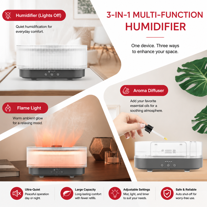 Premium Flame Effect Essential Oil Diffuser 300ml Ultrasonic Aroma Diffuser LED Flame Light Mist Humidifier 12H Runtime USB Powered Aromatherapy Air Humidifier