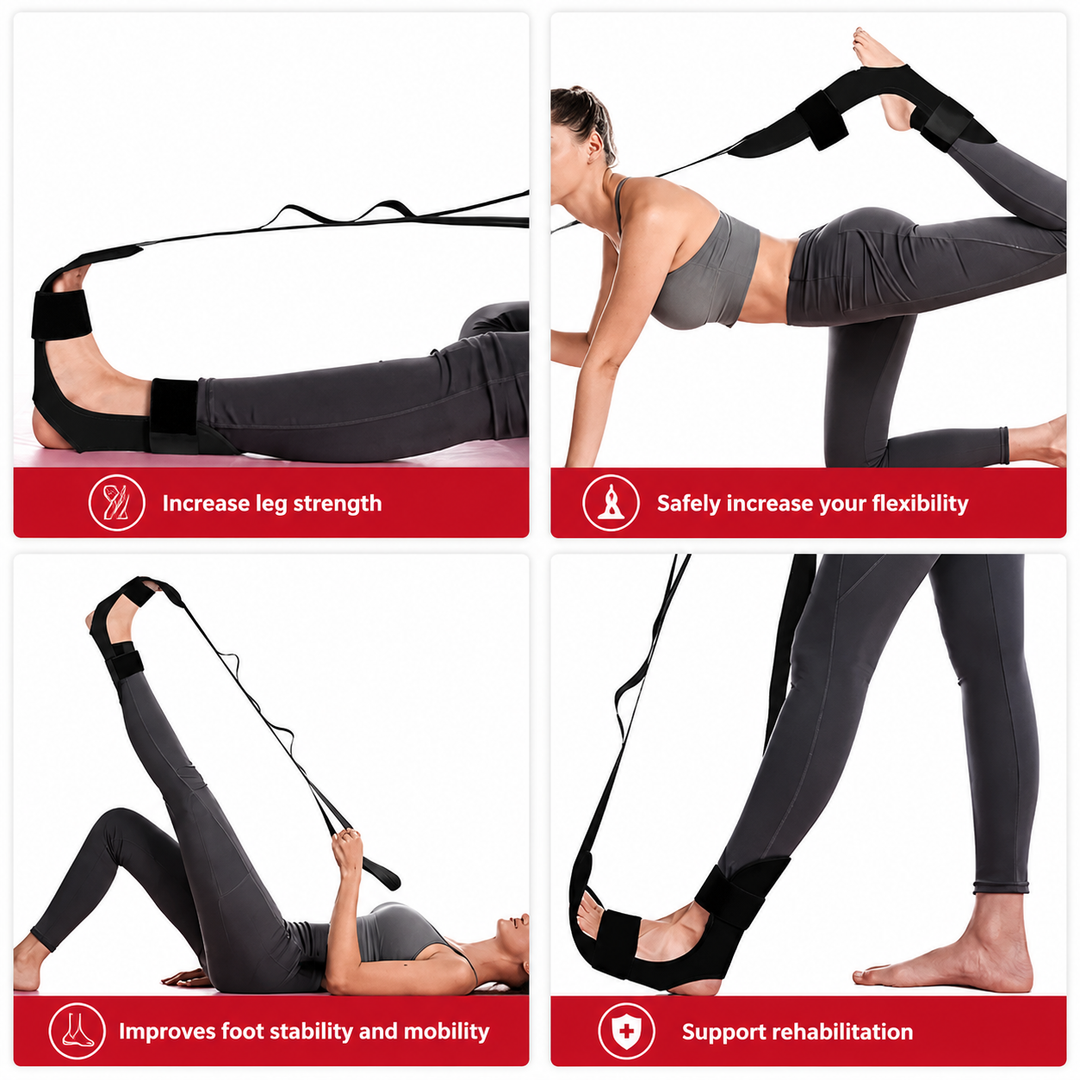 Premium Flexibility Stretching Strap Open Back Yoga Band Leg Stretch Calf Hamstring Quad Mobility Trainer Achilles Plantar Fasciitis Support Rehab Tool