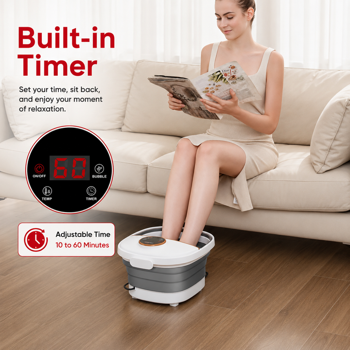 Premium Foldable Heated Foot Spa Bath Massager Bubble Foot Soaker Temperature Control Red Light Therapy Foot Bath Massage Tub Home Relaxation Device