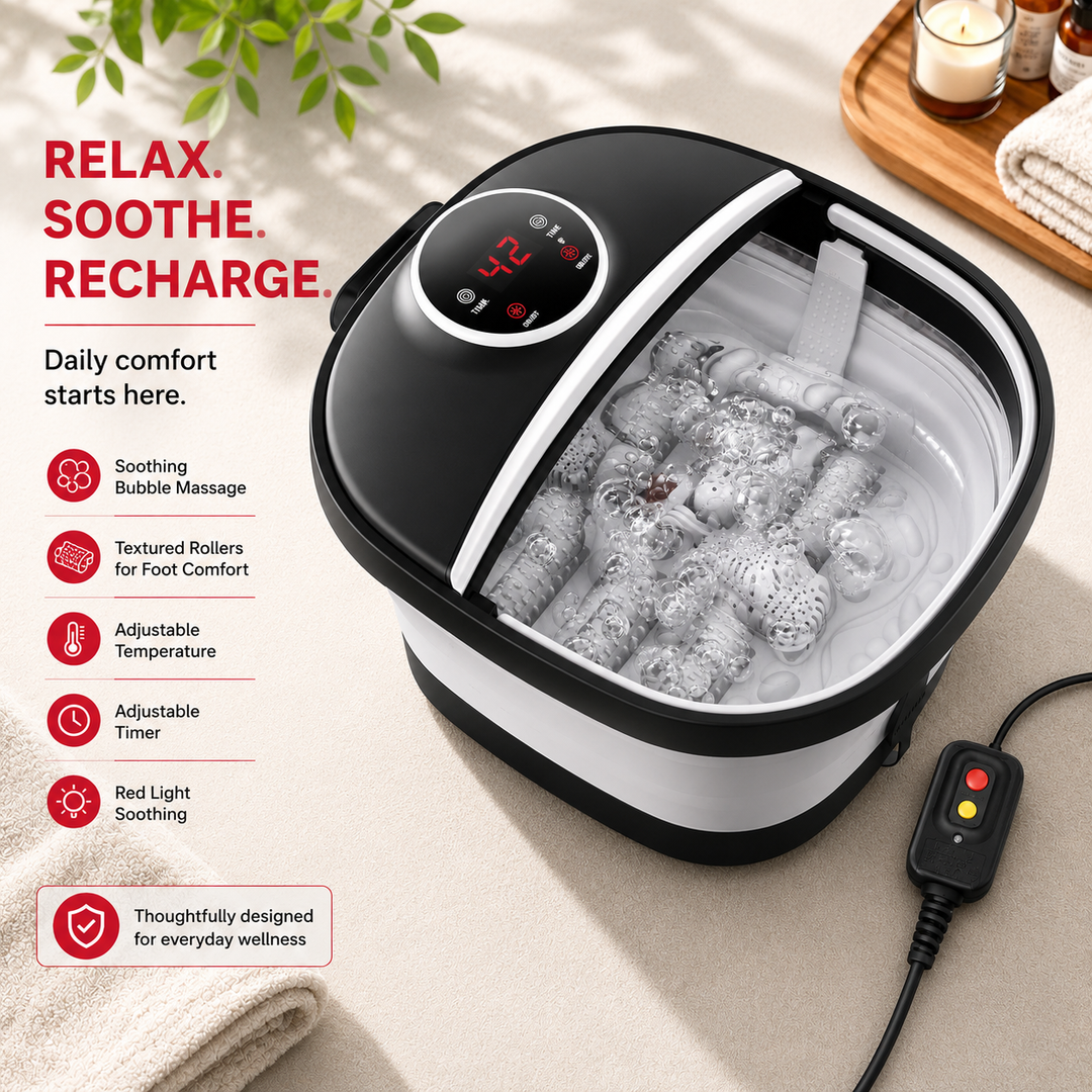 Premium Foldable Heated Foot Spa Bath Massager Bubble Foot Soaker Temperature Control Red Light Therapy Foot Bath Massage Tub Home Relaxation Device