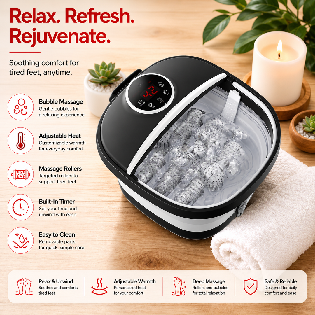 Premium Foldable Heated Foot Spa Bath Massager Bubble Foot Soaker Temperature Control Red Light Therapy Foot Bath Massage Tub Home Relaxation Device