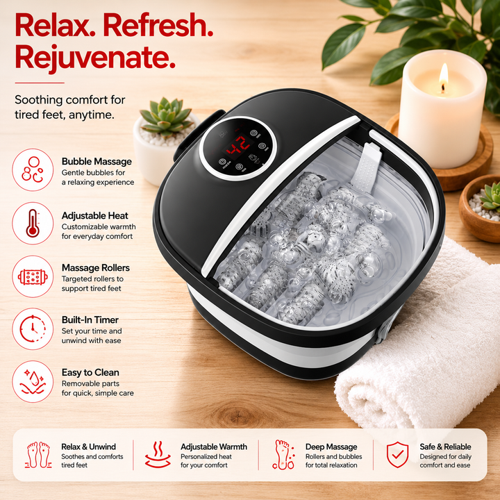 Premium Foldable Heated Foot Spa Bath Massager Bubble Foot Soaker Temperature Control Red Light Therapy Foot Bath Massage Tub Home Relaxation Device