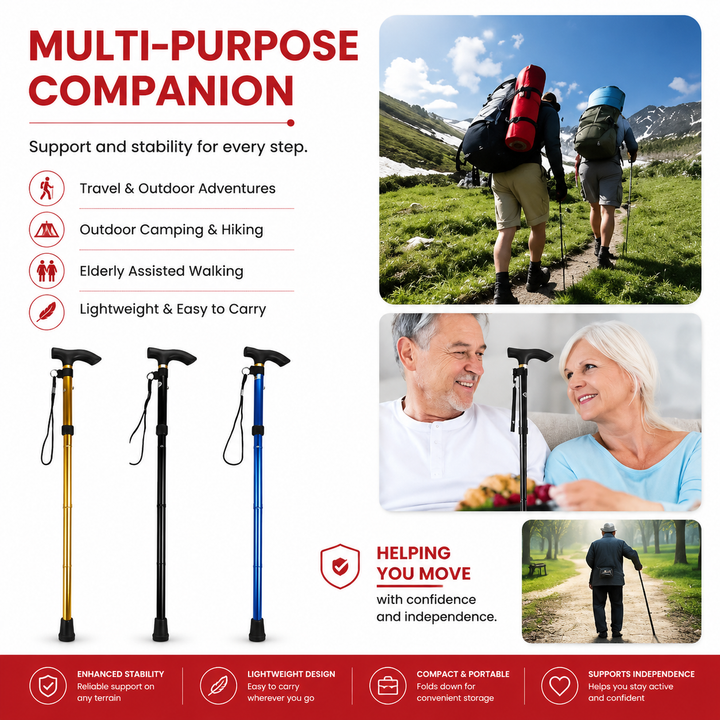 Premium Folding Walking Cane Telescopic Adjustable Hiking Stick Lightweight Aluminum Alloy Ergonomic Grip Non Slip Base Portable Travel Walking Support Stick
