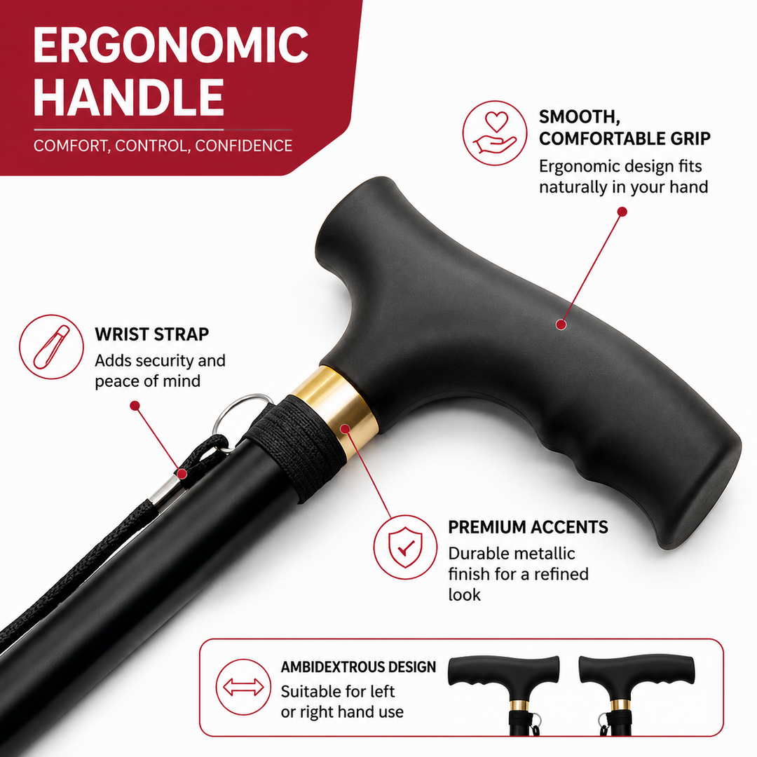 Premium Folding Walking Cane Telescopic Adjustable Hiking Stick Lightweight Aluminum Alloy Ergonomic Grip Non Slip Base Portable Travel Walking Support Stick