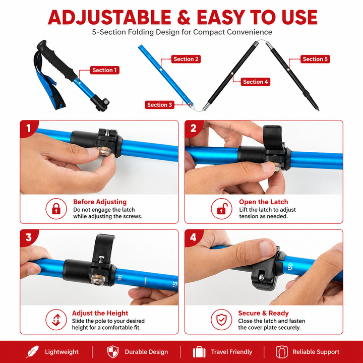 Premium Folding Walking Cane Telescopic Adjustable Hiking Stick Lightweight Aluminum Alloy Ergonomic Grip Non Slip Base Portable Travel Walking Support Stick