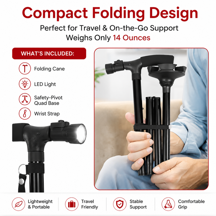 Premium Folding Walking Cane Telescopic Adjustable Hiking Stick Lightweight Aluminum Alloy Ergonomic Grip Non Slip Base Portable Travel Walking Support Stick