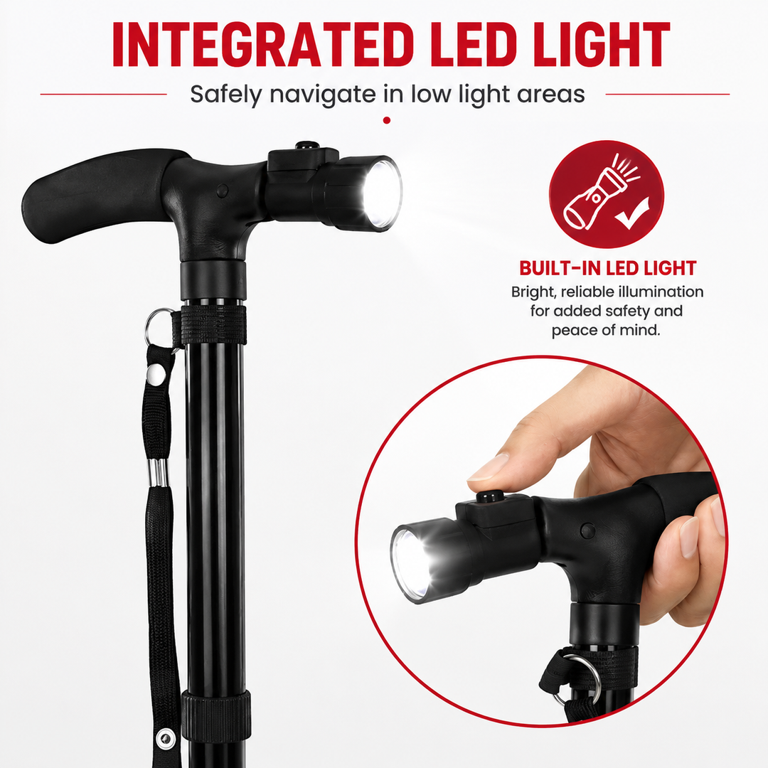 Premium Folding Walking Cane Telescopic Adjustable Hiking Stick Lightweight Aluminum Alloy Ergonomic Grip Non Slip Base Portable Travel Walking Support Stick