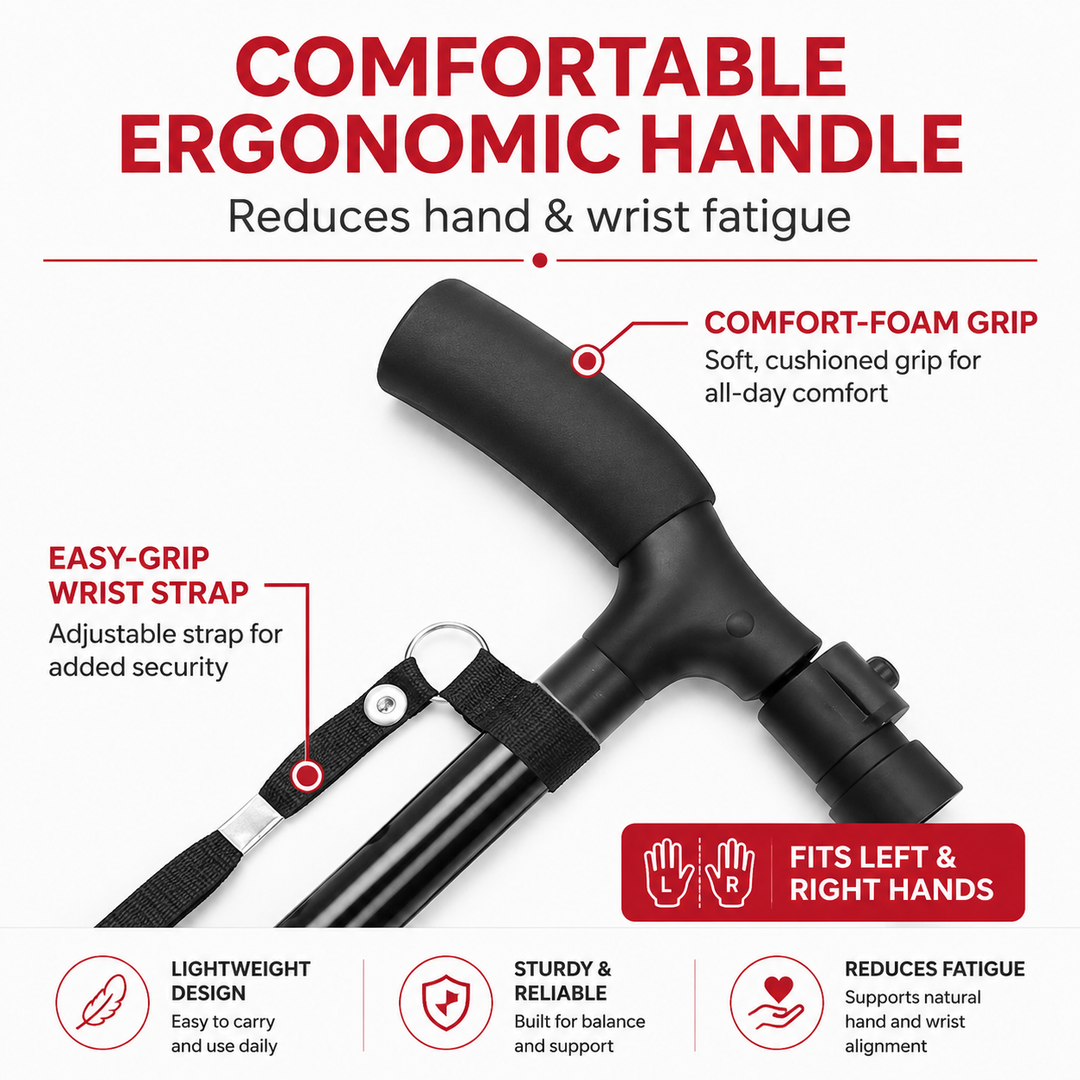 Premium Folding Walking Cane Telescopic Adjustable Hiking Stick Lightweight Aluminum Alloy Ergonomic Grip Non Slip Base Portable Travel Walking Support Stick