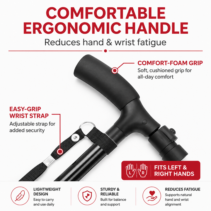 Premium Folding Walking Cane Telescopic Adjustable Hiking Stick Lightweight Aluminum Alloy Ergonomic Grip Non Slip Base Portable Travel Walking Support Stick