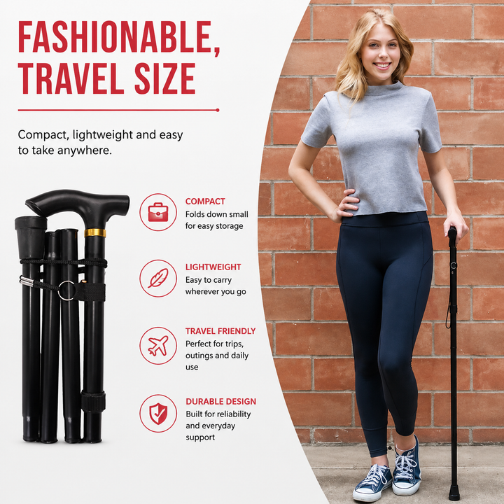 Premium Folding Walking Cane Telescopic Adjustable Hiking Stick Lightweight Aluminum Alloy Ergonomic Grip Non Slip Base Portable Travel Walking Support Stick