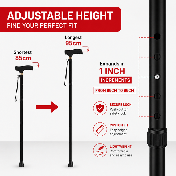Premium Folding Walking Cane Telescopic Adjustable Hiking Stick Lightweight Aluminum Alloy Ergonomic Grip Non Slip Base Portable Travel Walking Support Stick