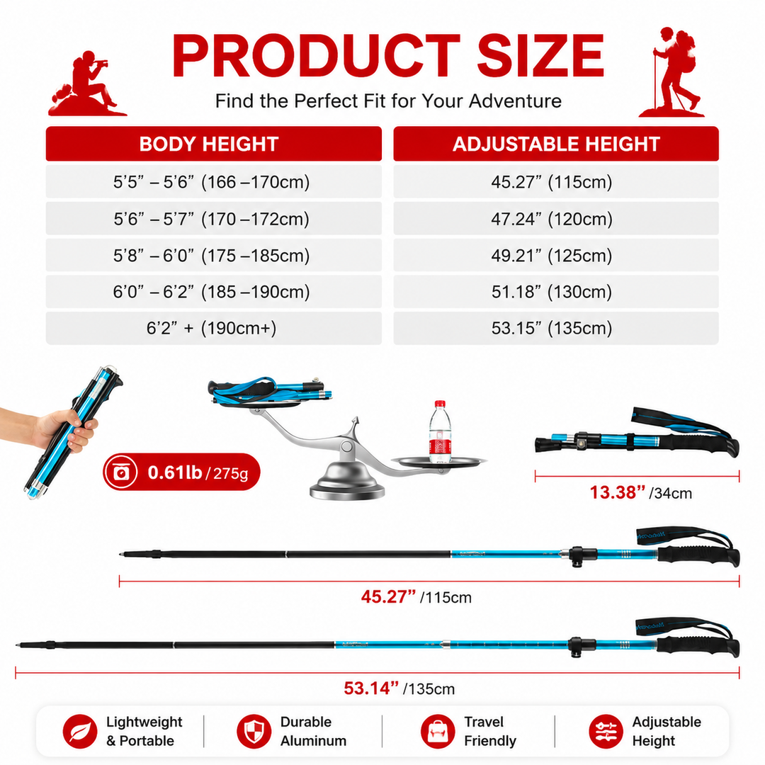 Premium Folding Walking Cane Telescopic Adjustable Hiking Stick Lightweight Aluminum Alloy Ergonomic Grip Non Slip Base Portable Travel Walking Support Stick
