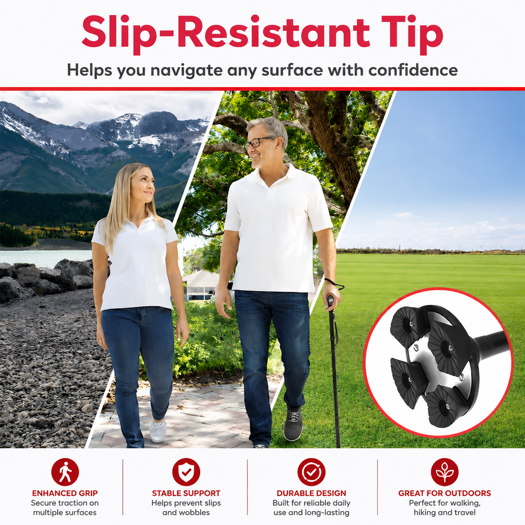 Premium Folding Walking Cane Telescopic Adjustable Hiking Stick Lightweight Aluminum Alloy Ergonomic Grip Non Slip Base Portable Travel Walking Support Stick
