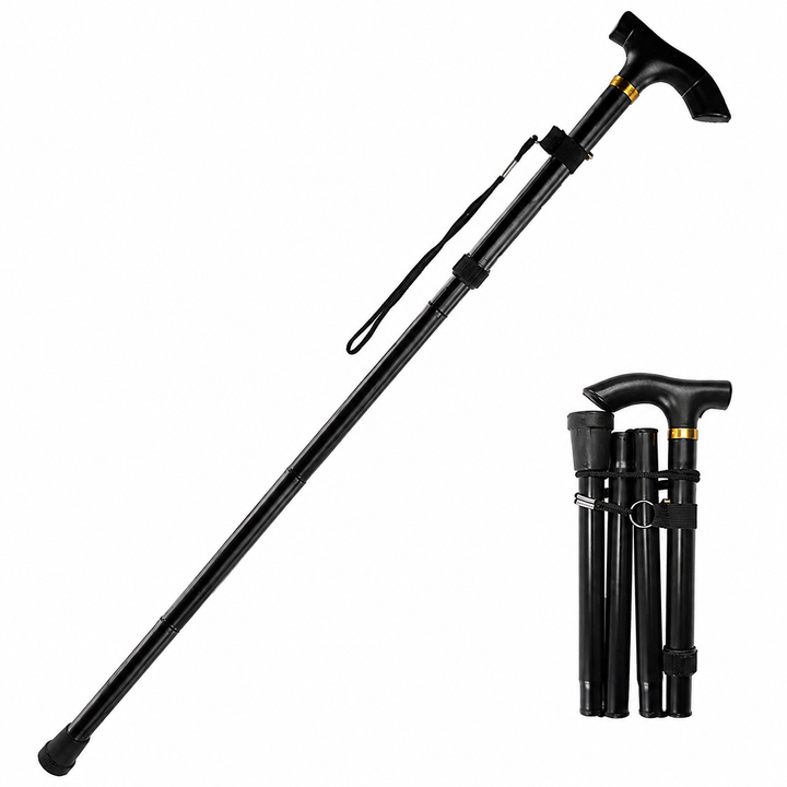 Premium Folding Walking Cane Telescopic Adjustable Hiking Stick Lightweight Aluminum Alloy Ergonomic Grip Non Slip Base Portable Travel Walking Support Stick