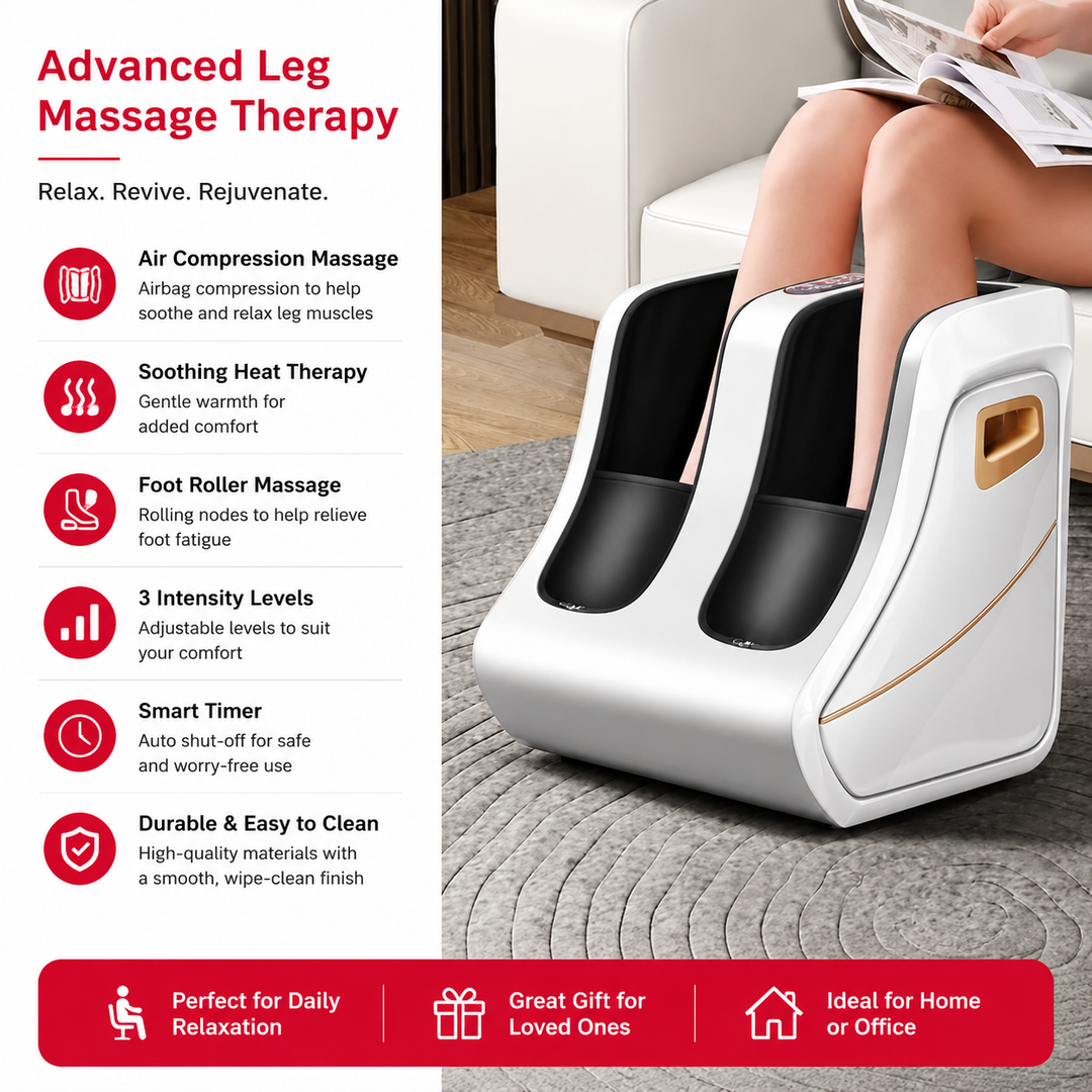 Premium Foot and Calf Massager Shiatsu Kneading Air Compression Heating Massage Machine Adjustable Modes Heat Therapy Relaxation Home Use Device