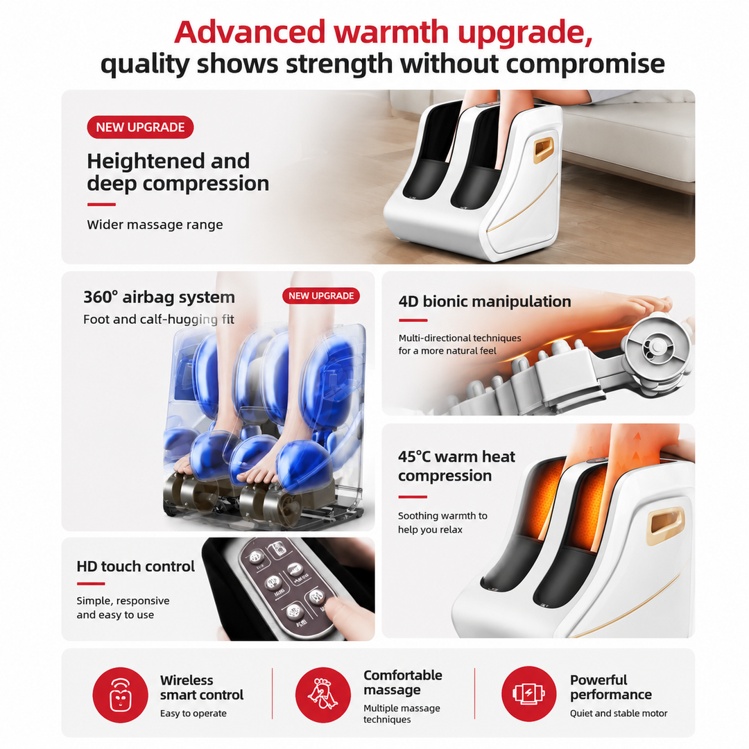 Premium Foot and Calf Massager Shiatsu Kneading Air Compression Heating Massage Machine Adjustable Modes Heat Therapy Relaxation Home Use Device
