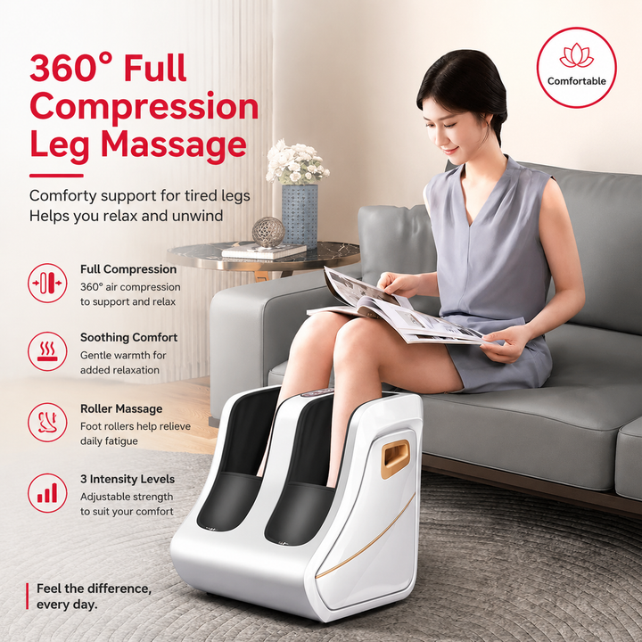 Premium Foot and Calf Massager Shiatsu Kneading Air Compression Heating Massage Machine Adjustable Modes Heat Therapy Relaxation Home Use Device