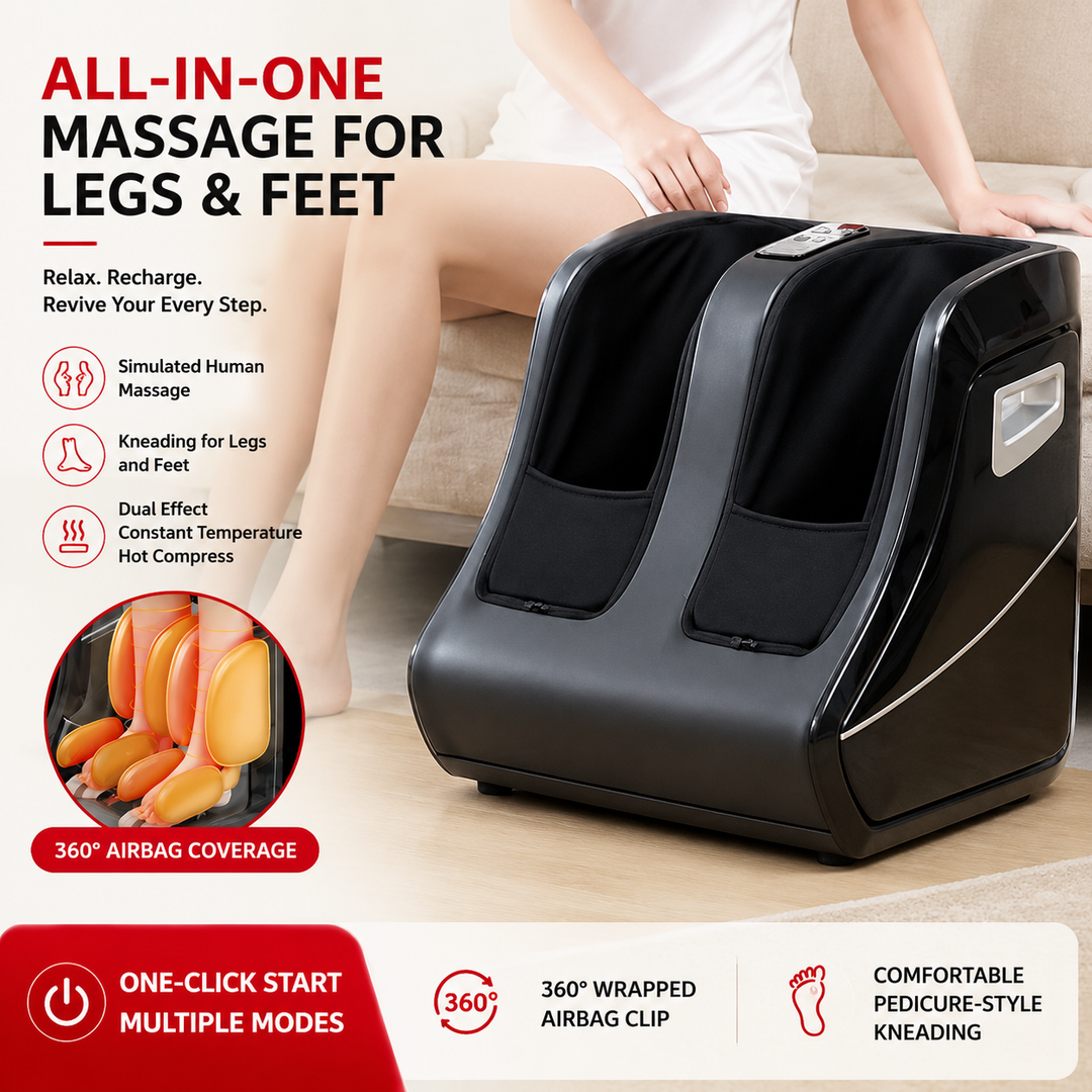 Premium Foot and Calf Massager Shiatsu Kneading Air Compression Heating Massage Machine Adjustable Modes Heat Therapy Relaxation Home Use Device