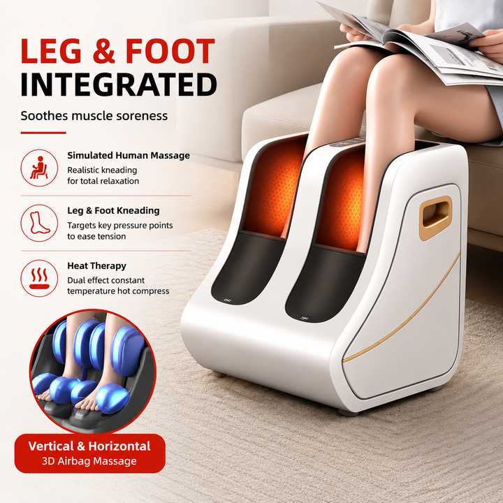 Premium Foot and Calf Massager Shiatsu Kneading Air Compression Heating Massage Machine Adjustable Modes Heat Therapy Relaxation Home Use Device