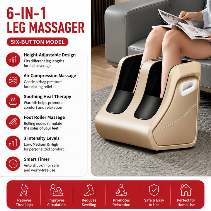 Premium Foot and Calf Massager Shiatsu Kneading Air Compression Heating Massage Machine Adjustable Modes Heat Therapy Relaxation Home Use Device