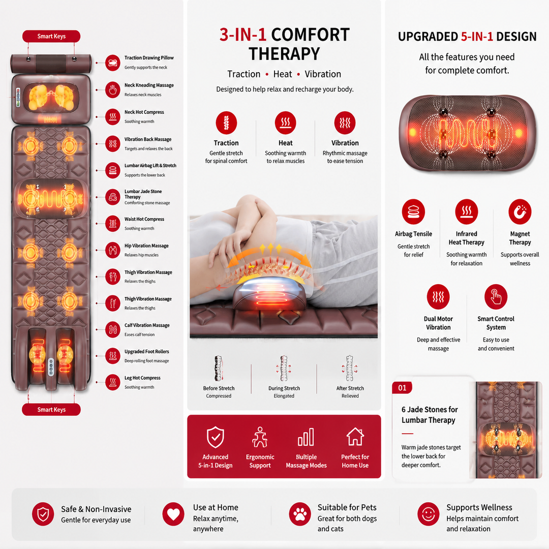 Premium Full Body Electric Massage Mattress Heating Vibration Kneading Graphene Heat Massage Pad Neck Back Leg Pain Relief Relaxation Home Use