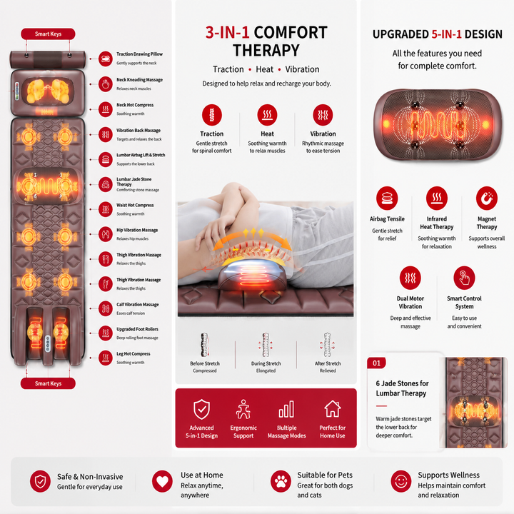 Premium Full Body Electric Massage Mattress Heating Vibration Kneading Graphene Heat Massage Pad Neck Back Leg Pain Relief Relaxation Home Use