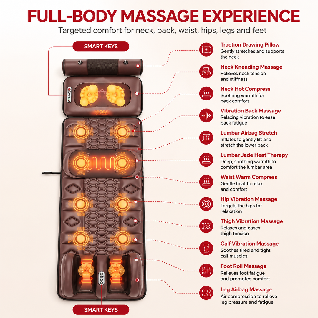 Premium Full Body Electric Massage Mattress Heating Vibration Kneading Graphene Heat Massage Pad Neck Back Leg Pain Relief Relaxation Home Use